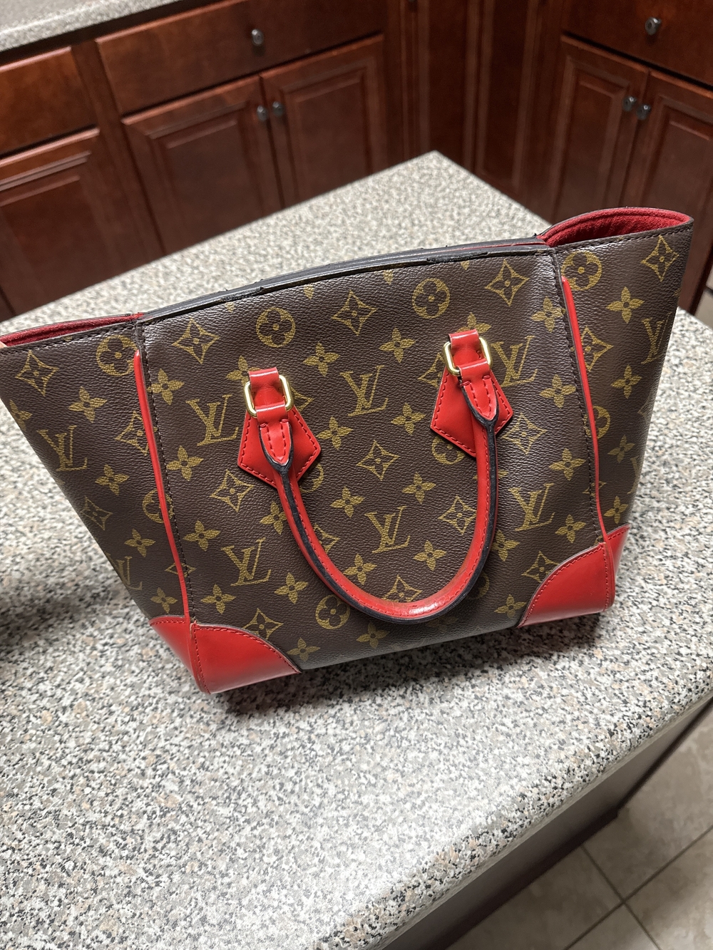 Louis Vuitton Phoenix PM Brown Monogram Tote with Red Trim